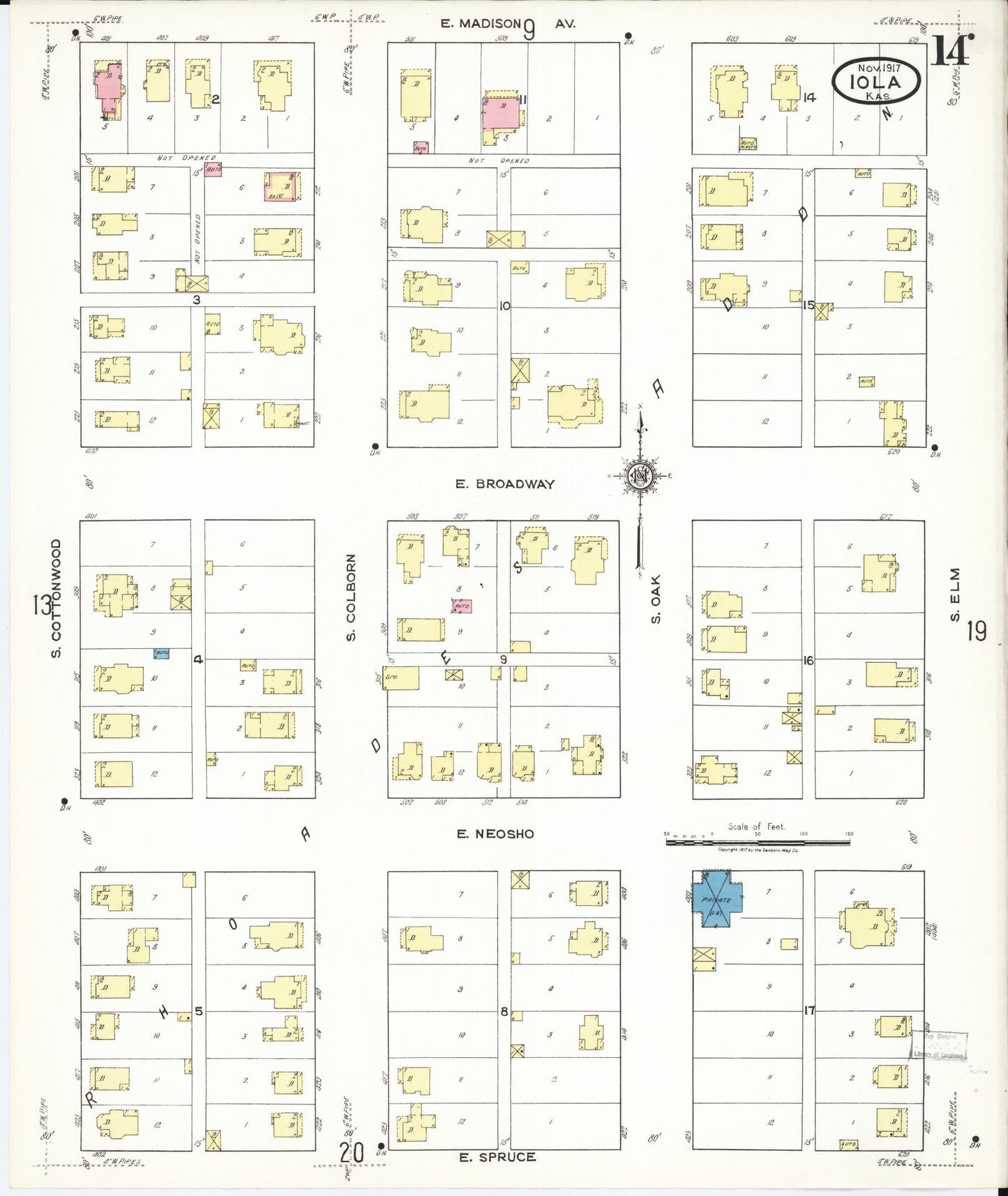 Sanborn Fire Insurance Map from Iola, Allen County, Kansas (1917), Sheet #0014 - Complete Map Set gallery image, historic Sanborn map, vintage wall art, Kansas Kansas