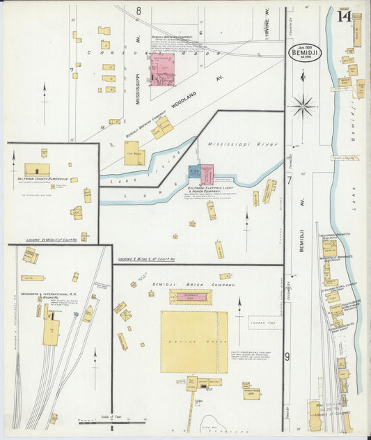 Sanborn Fire Insurance Map from Bemidji, Beltrami County, Minnesota (1909), Sheet #0014 - Historic Sanborn Fire Insurance Map Print, vintage old map wall art, antique decor, genealogy gift, Minnesota Minnesota map