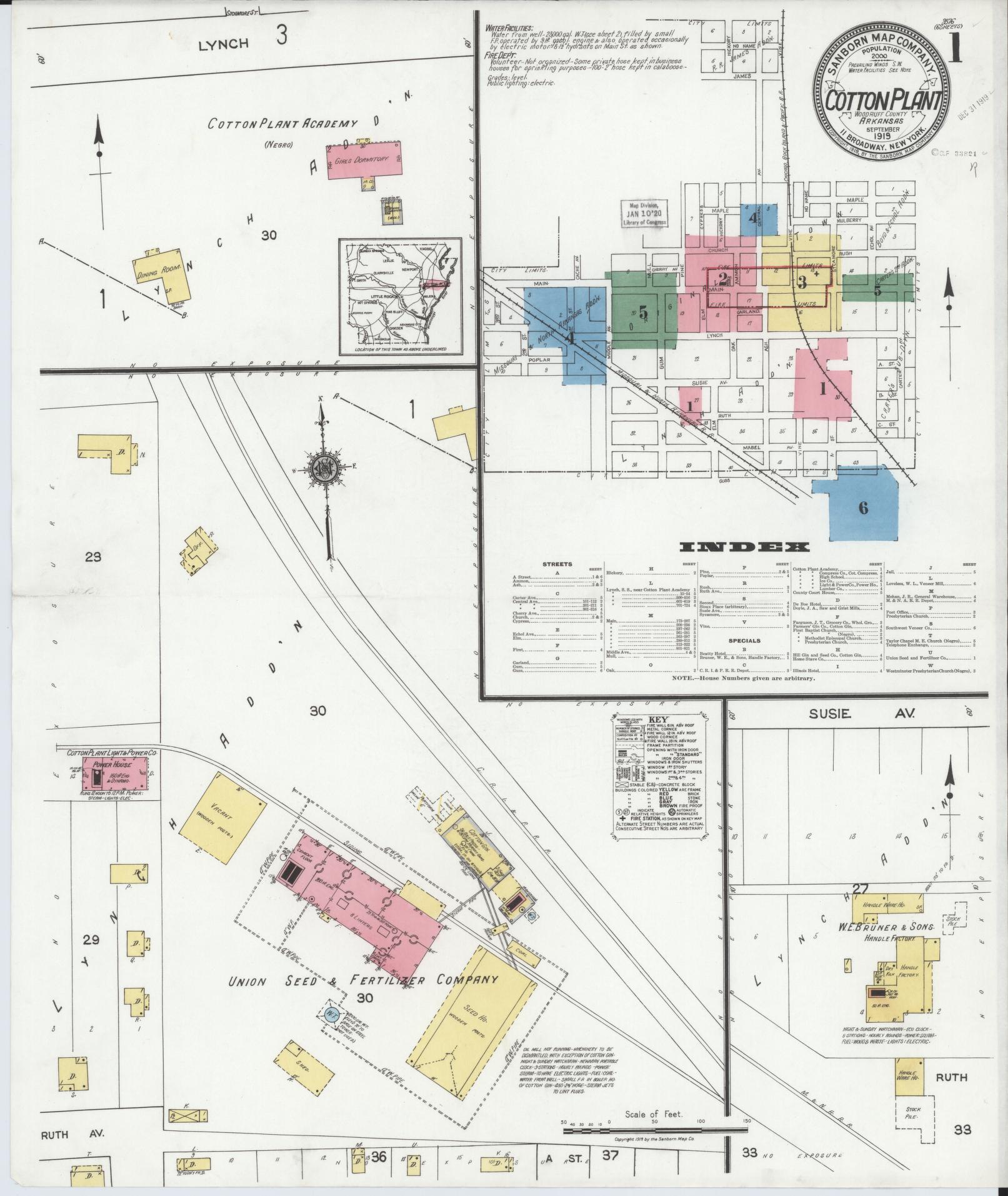 Sanborn Fire Insurance Map from Cotton Plant, Woodruff County, Arkansas (1919), Sheet #0001 - Complete Map Set gallery image, historic Sanborn map, vintage wall art, Arkansas Arkansas