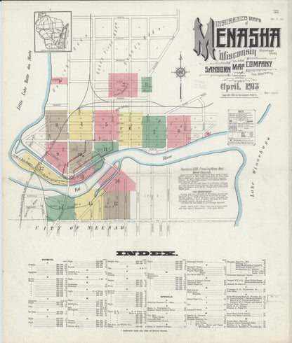 Sanborn Fire Insurance Map from Menasha, Winnebago County, Wisconsin (1913), Sheet #0001 - Historic Sanborn Fire Insurance Map Print, vintage old map wall art, antique decor, genealogy gift, Wisconsin Wisconsin map