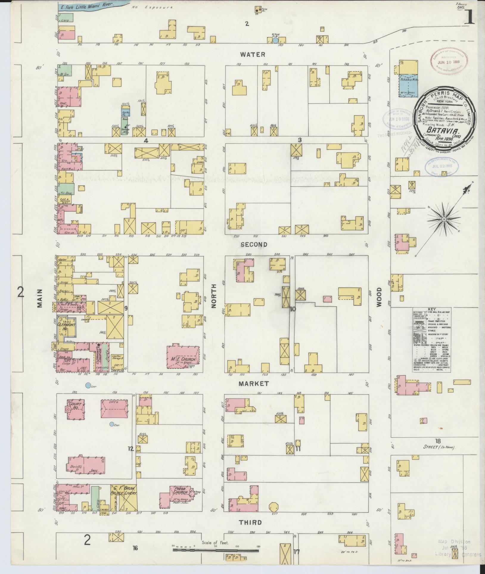 Sanborn Fire Insurance Map from Batavia, Clermont County, Ohio (1898), Sheet #0001 - Historic Sanborn Fire Insurance Map Print, vintage old map wall art, antique decor, genealogy gift, Ohio Ohio map