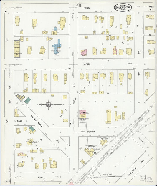 Sanborn Fire Insurance Map from Sauk Centre, Stearns County, Minnesota (1909), Sheet #0007 - Historic Sanborn Fire Insurance Map Print, vintage old map wall art, antique decor, genealogy gift, Minnesota Minnesota map