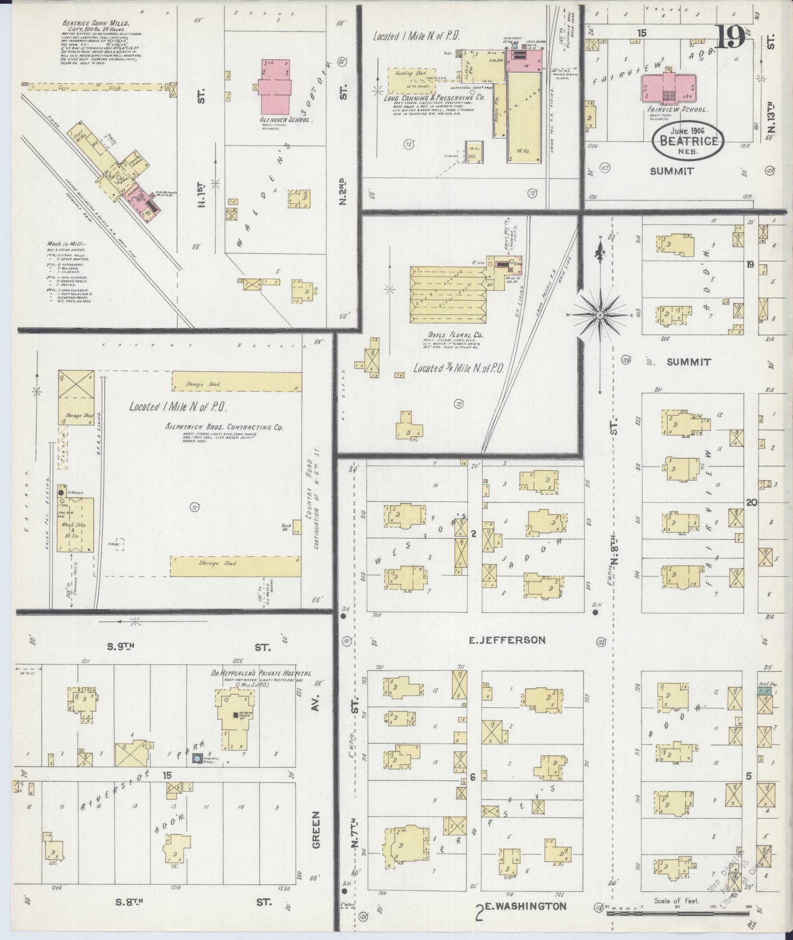 Sanborn Fire Insurance Map from Beatrice, Gage County, Nebraska (1906), Sheet #0019 - Historic Sanborn Fire Insurance Map Print, vintage old map wall art, antique decor, genealogy gift, Nebraska Nebraska map