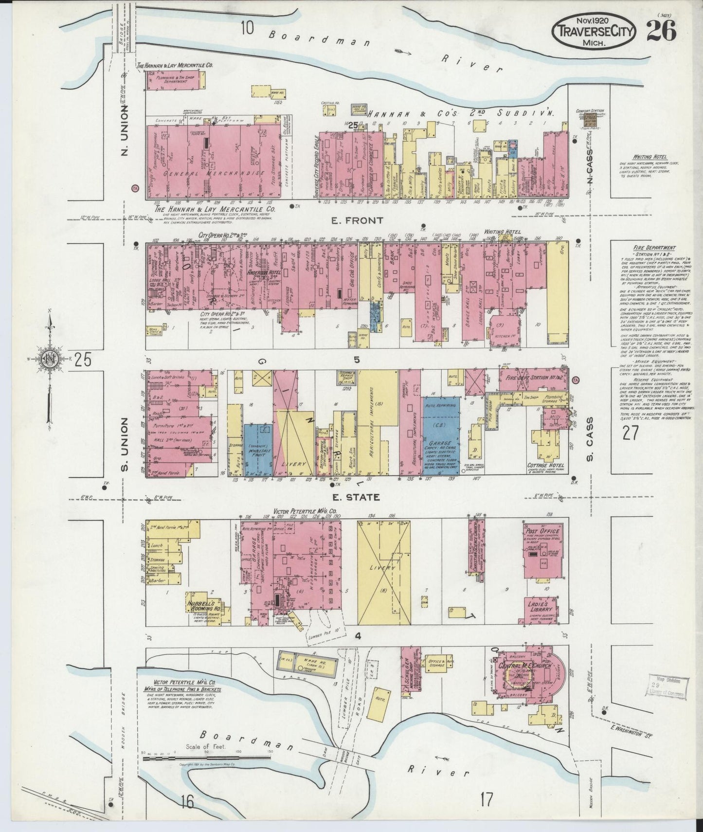 Sanborn Fire Insurance Map from Traverse City, Grand Traverse County, Michigan (1920), Sheet #0026 - Historic Sanborn Fire Insurance Map Print, vintage old map wall art, antique decor, genealogy gift, Michigan Michigan map