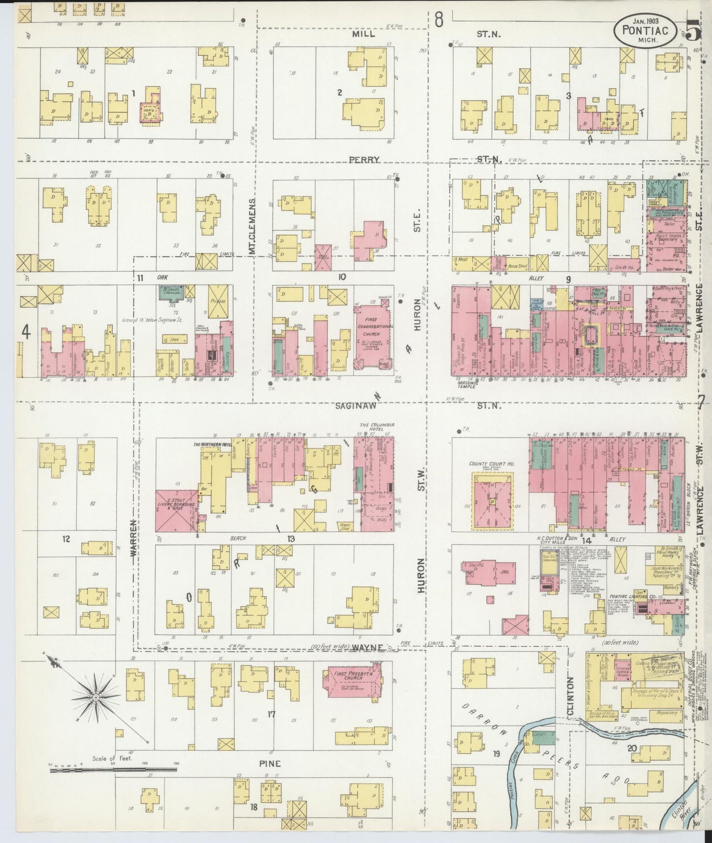 Sanborn Fire Insurance Map from Pontiac, Oakland County, Michigan (1903), Sheet #0005 - Historic Sanborn Fire Insurance Map Print, vintage old map wall art, antique decor, genealogy gift, Michigan Michigan map