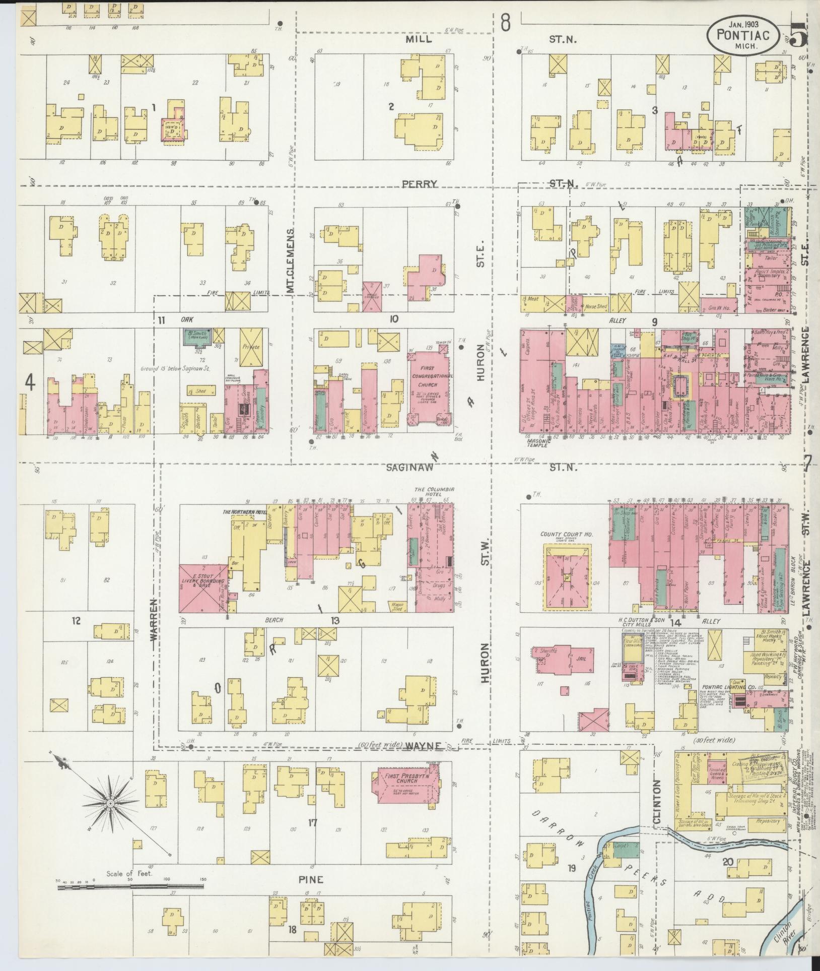 Sanborn Fire Insurance Map from Pontiac, Oakland County, Michigan (1903), Sheet #0005 - Historic Sanborn Fire Insurance Map Print, vintage old map wall art, antique decor, genealogy gift, Michigan Michigan map