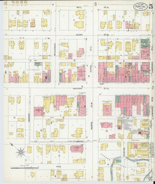 Sanborn Fire Insurance Map from Pontiac, Oakland County, Michigan (1903), Sheet #0005 - Historic Sanborn Fire Insurance Map Print, vintage old map wall art, antique decor, genealogy gift, Michigan Michigan map