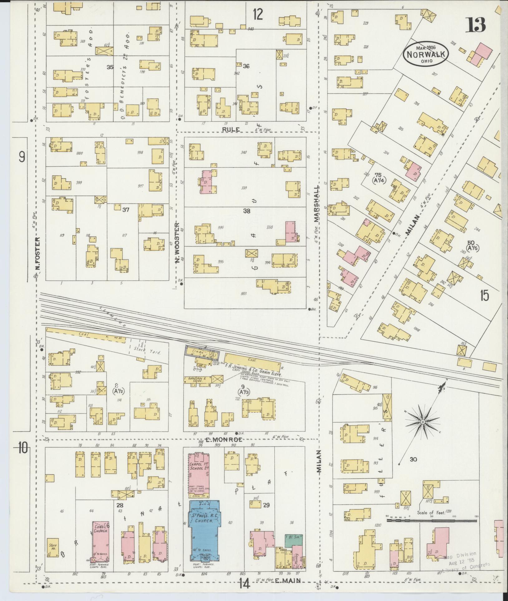 Sanborn Fire Insurance Map from Norwalk, Huron County, Ohio (1906), Sheet #0013 - Historic Sanborn Fire Insurance Map Print, vintage old map wall art, antique decor, genealogy gift, Ohio Ohio map