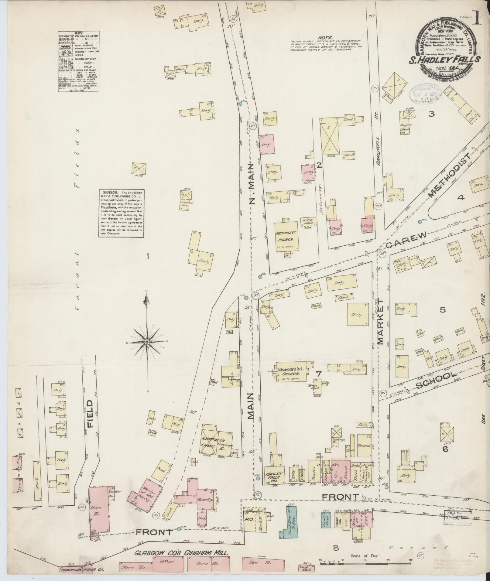 Sanborn Fire Insurance Map from South Hadley Falls, Hampshire County, Massachusetts (1884), Sheet #0001 - Historic Sanborn Fire Insurance Map Print, vintage old map wall art, antique decor, genealogy gift, Massachusetts Massachusetts map