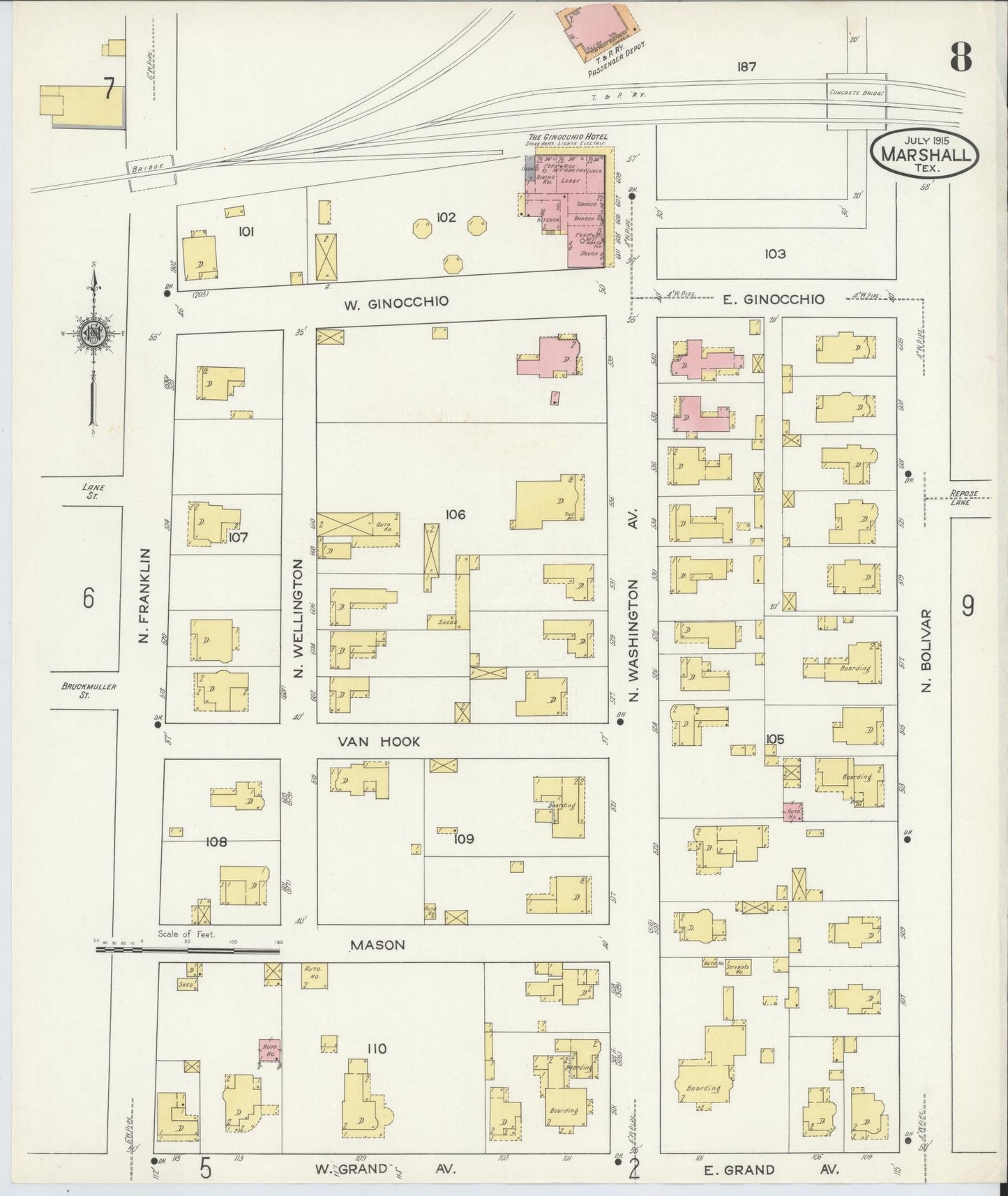 Sanborn Fire Insurance Map from Marshall, Harrison County, Texas (1915), Sheet #0008 - Complete Map Set gallery image, historic Sanborn map, vintage wall art, Texas Texas