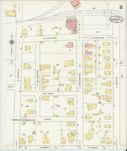 Sanborn Fire Insurance Map from Marshall, Harrison County, Texas (1915), Sheet #0008 - Complete Map Set gallery image, historic Sanborn map, vintage wall art, Texas Texas