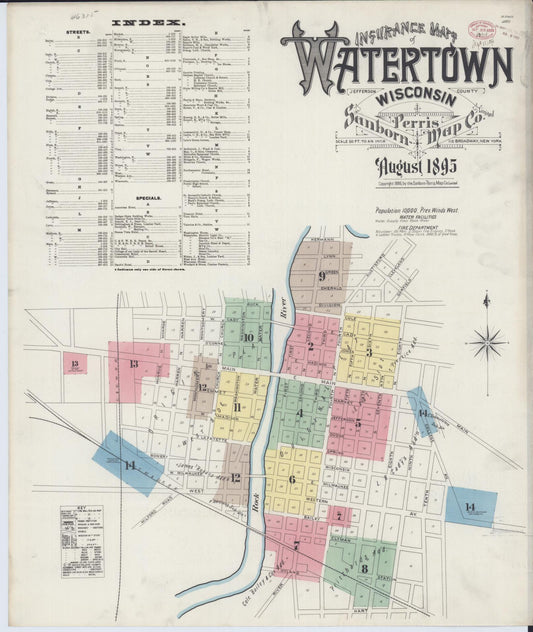 Sanborn Fire Insurance Map from Watertown, Jefferson County, Wisconsin (1895), Sheet #0001 - Historic Sanborn Fire Insurance Map Print, vintage old map wall art, antique decor, genealogy gift, Wisconsin Wisconsin map