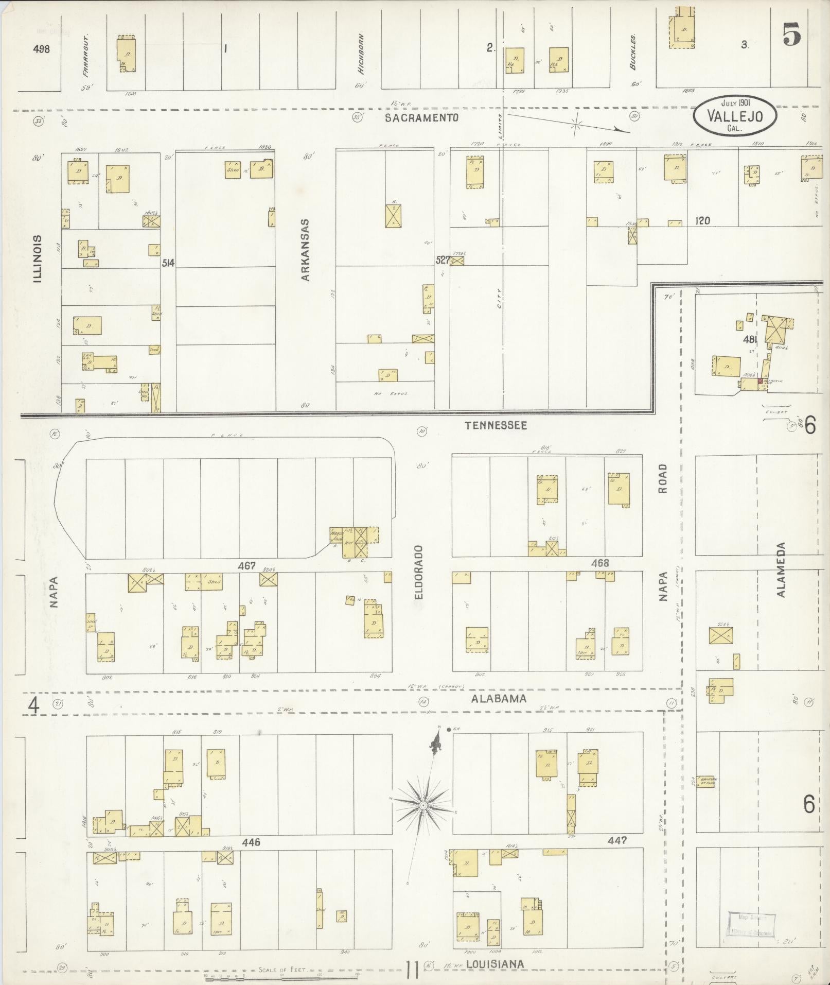 Sanborn Fire Insurance Map from Vallejo, Solano County, California (1901), Sheet #0005 - Complete Map Set gallery image, historic Sanborn map, vintage wall art, California California