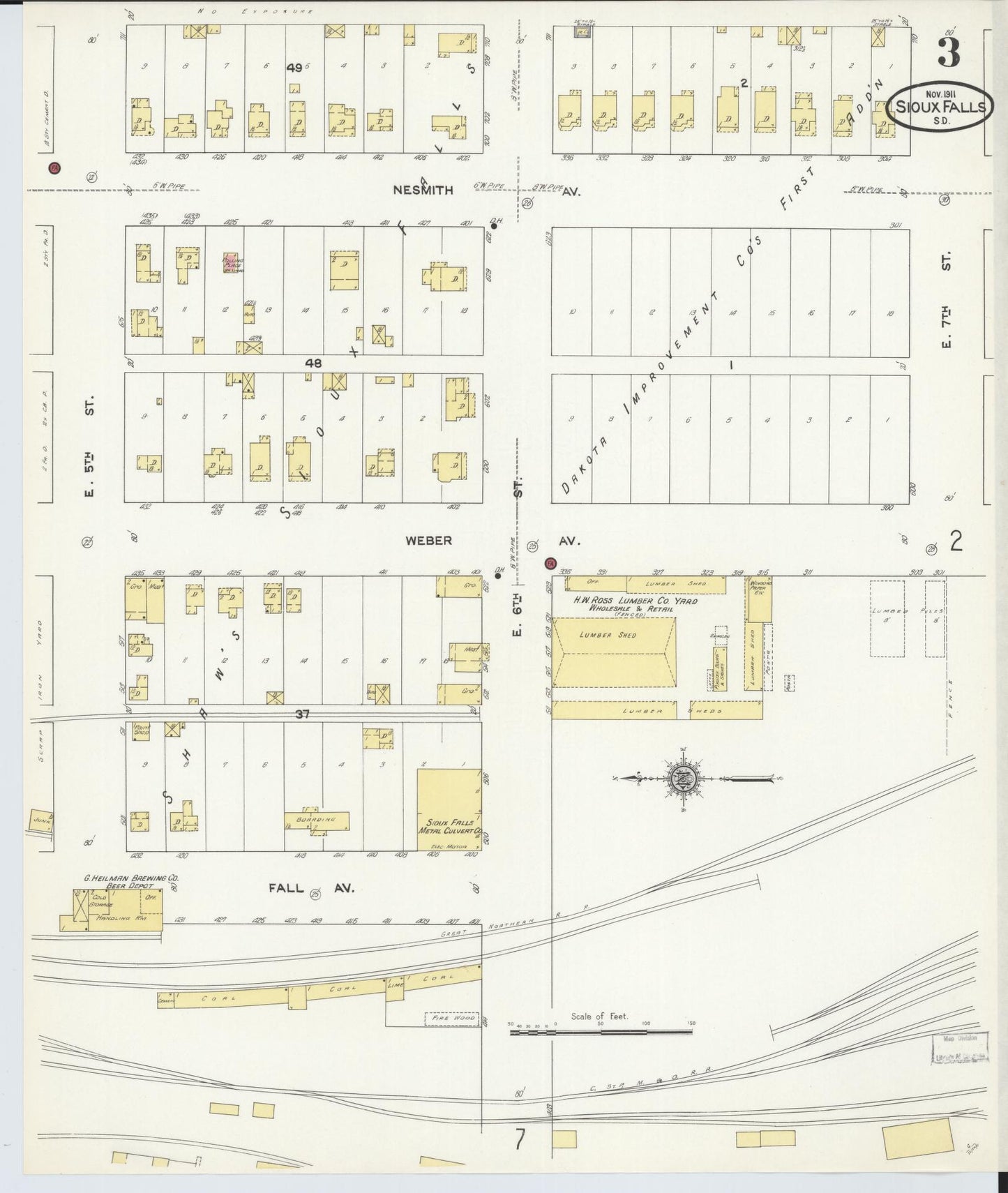Sanborn Fire Insurance Map from Sioux Falls, Minnehaha County, South Dakota (1911), Sheet #0003 - Historic Sanborn Fire Insurance Map Print, vintage old map wall art, antique decor, genealogy gift, South Dakota South Dakota map