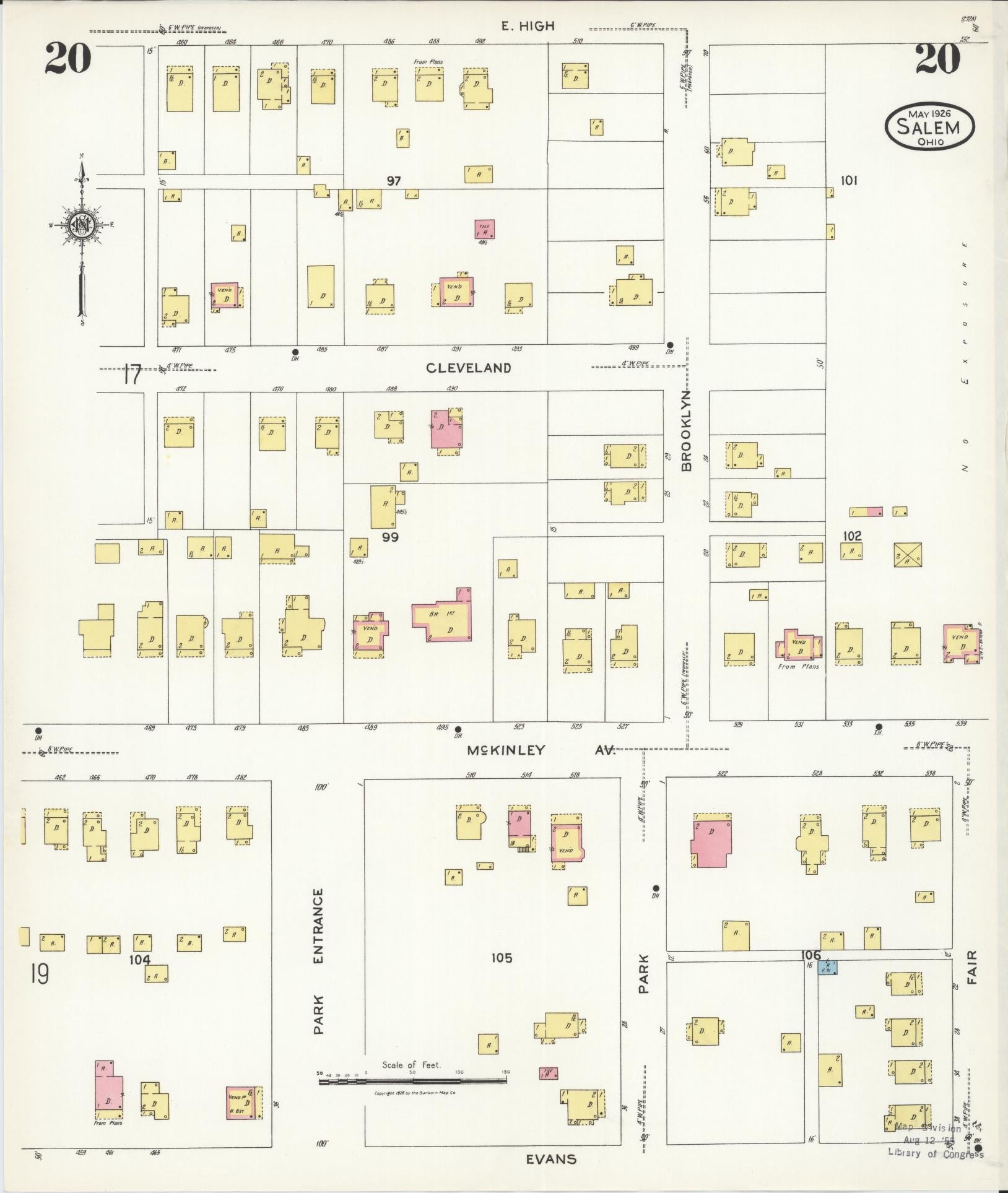 Sanborn Fire Insurance Map from Salem, Columbiana County, Ohio (1926), Sheet #0020 - Historic Sanborn Fire Insurance Map Print, vintage old map wall art, antique decor, genealogy gift, Ohio Ohio map