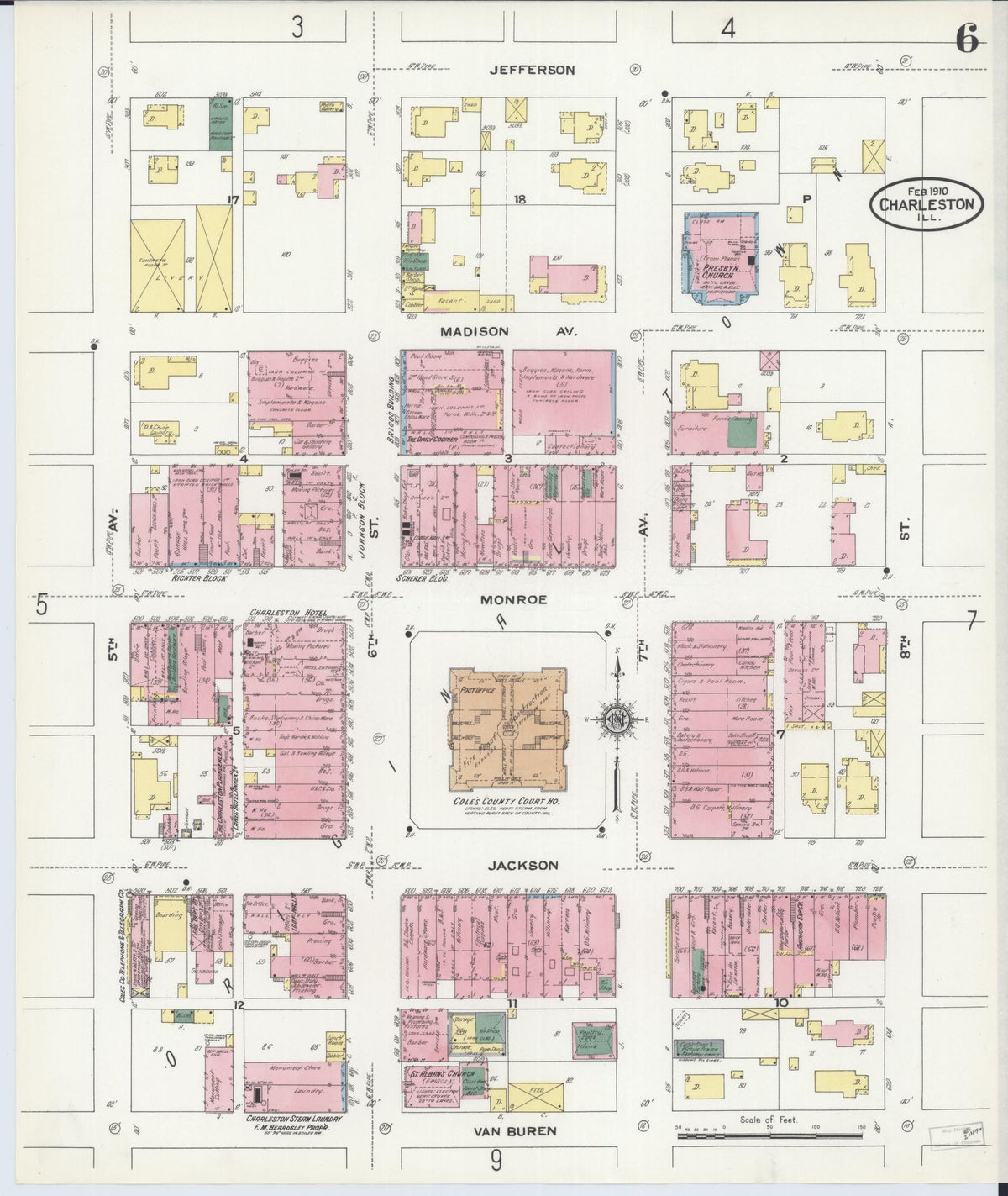 Sanborn Fire Insurance Map from Charleston, Coles County, Illinois (1910), Sheet #0006 - Complete Map Set gallery image, historic Sanborn map, vintage wall art, Illinois Illinois
