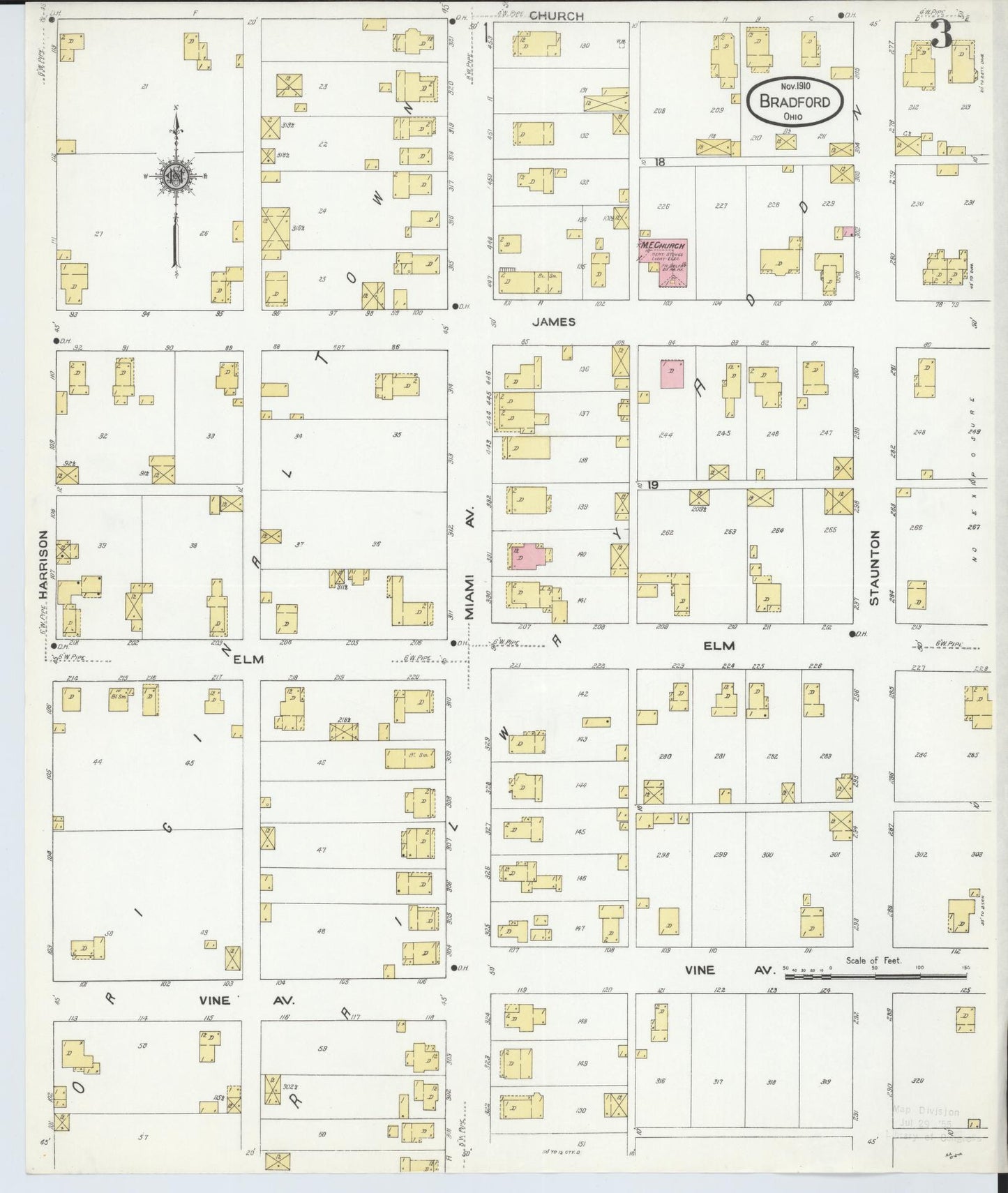 Sanborn Fire Insurance Map from Bradford, Darke and Miami Counties, Ohio (1910), Sheet #0003 - Historic Sanborn Fire Insurance Map Print, vintage old map wall art, antique decor, genealogy gift, Ohio Ohio map