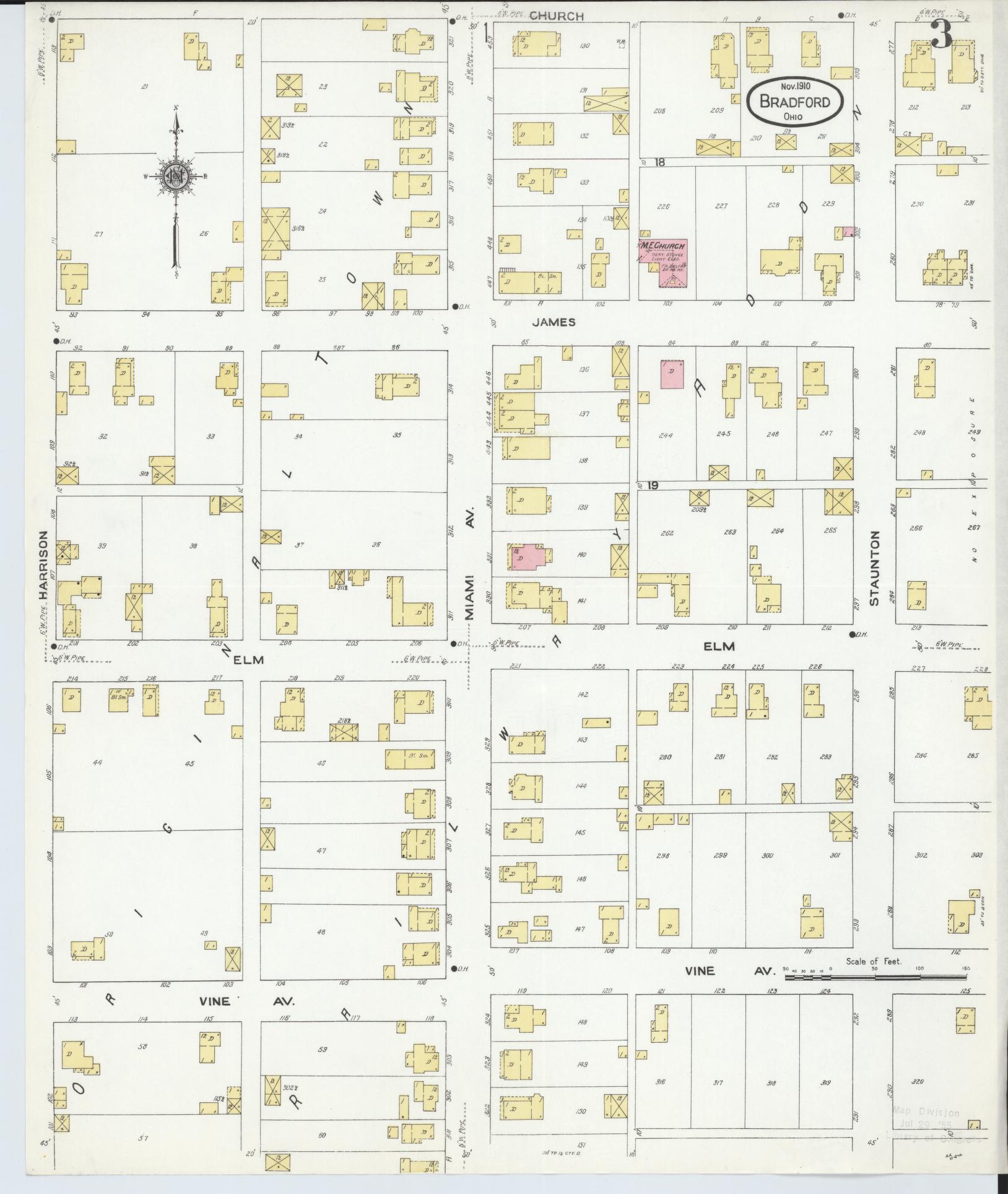 Sanborn Fire Insurance Map from Bradford, Darke and Miami Counties, Ohio (1910), Sheet #0003 - Historic Sanborn Fire Insurance Map Print, vintage old map wall art, antique decor, genealogy gift, Ohio Ohio map