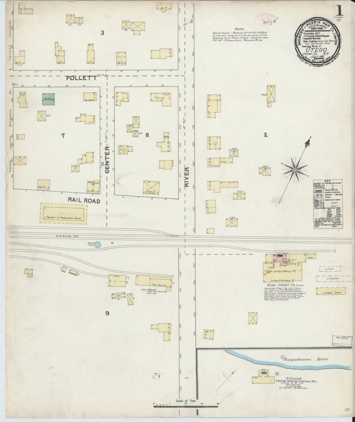 Sanborn Fire Insurance Map from Otego, Otsego County, New York (1891), Sheet #0001 - Historic Sanborn Fire Insurance Map Print, vintage old map wall art, antique decor, genealogy gift, New York New York map