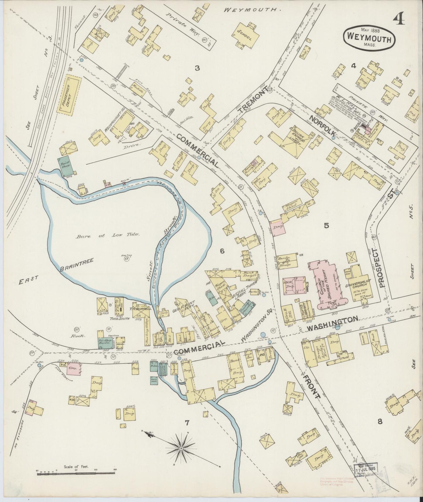 Sanborn Fire Insurance Map from Weymouth, Norfolk County, Massachusetts (1888), Sheet #0004 - Complete Map Set gallery image, historic Sanborn map, vintage wall art, Massachusetts Massachusetts