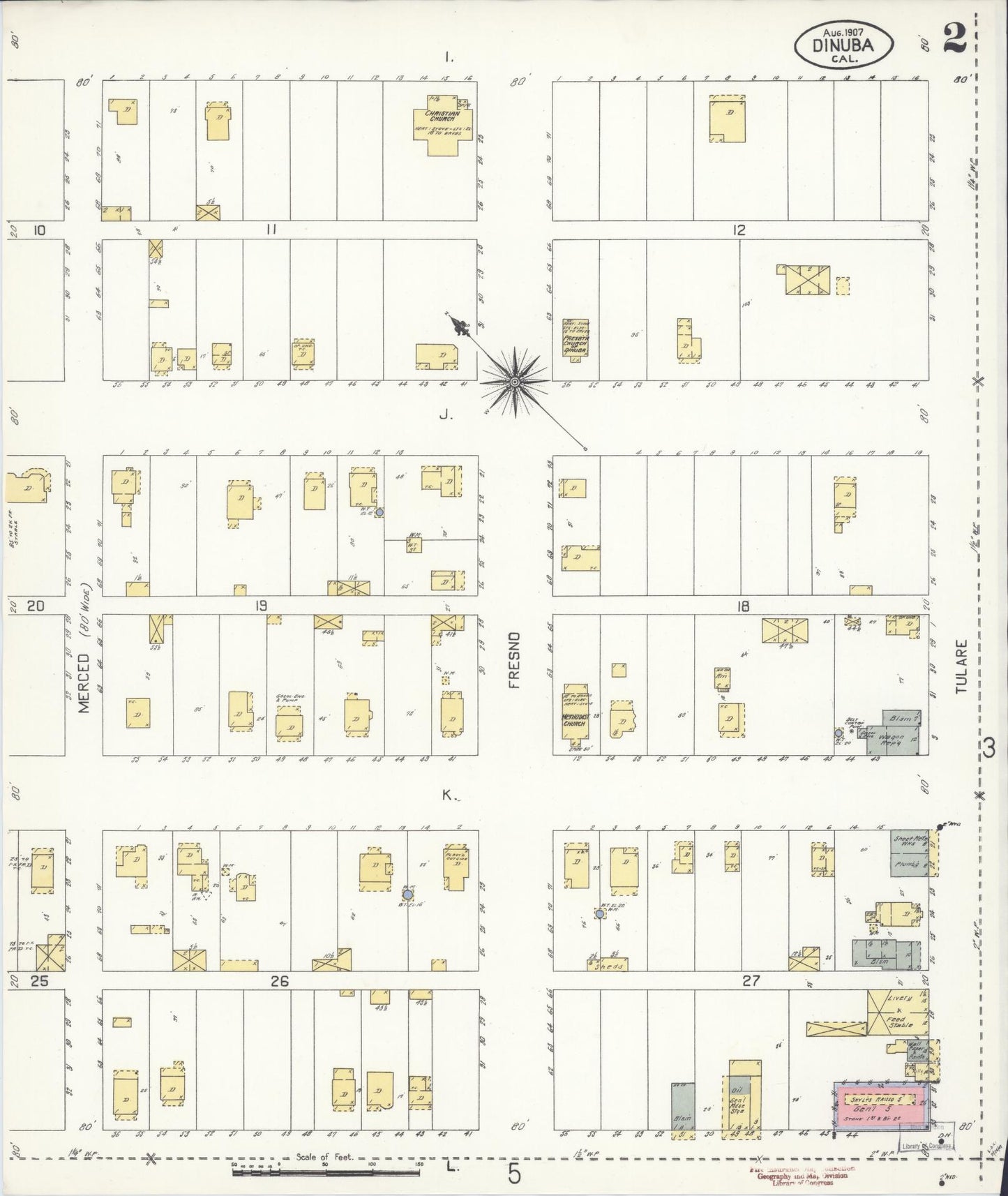 Sanborn Fire Insurance Map from Dinuba, Tulare County, California (1907), Sheet #0002 - Historic Sanborn Fire Insurance Map Print, vintage old map wall art, antique decor, genealogy gift, California California map