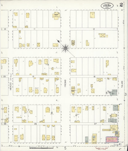 Sanborn Fire Insurance Map from Dinuba, Tulare County, California (1907), Sheet #0002 - Historic Sanborn Fire Insurance Map Print, vintage old map wall art, antique decor, genealogy gift, California California map