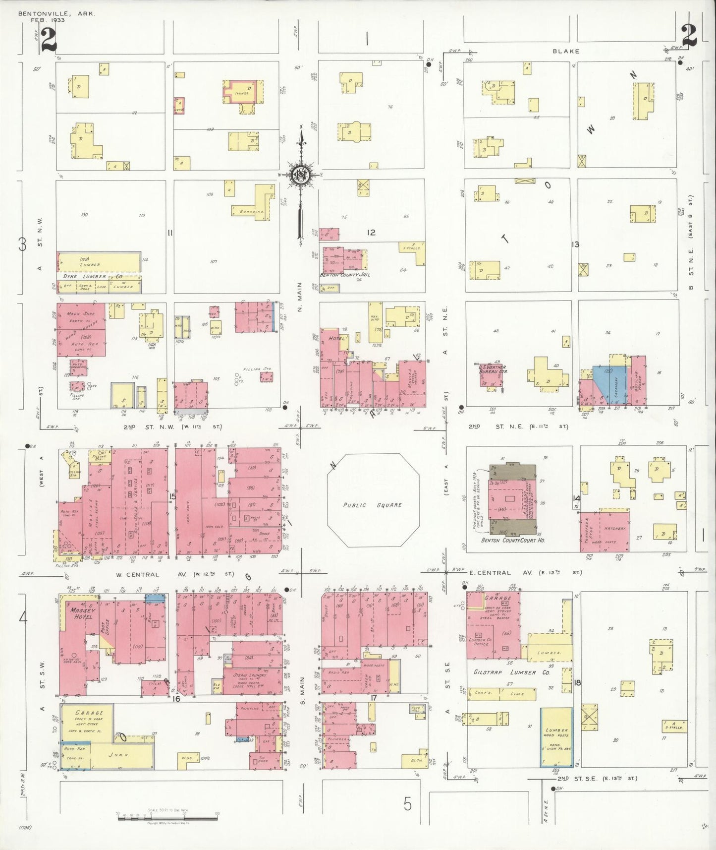 Sanborn Fire Insurance Map from Bentonville, Benton County, Arkansas (1933), Sheet #0002 - Complete Map Set gallery image, historic Sanborn map, vintage wall art, Arkansas Arkansas