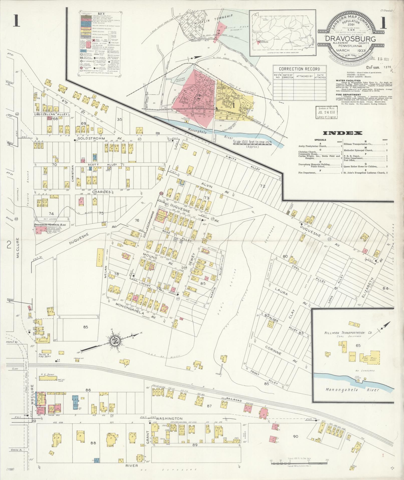 Sanborn Fire Insurance Map from Dravosburg, Allegheny County, Pennsylvania (1933), Sheet #0001 - Historic Sanborn Fire Insurance Map Print, vintage old map wall art, antique decor, genealogy gift, Pennsylvania Pennsylvania map