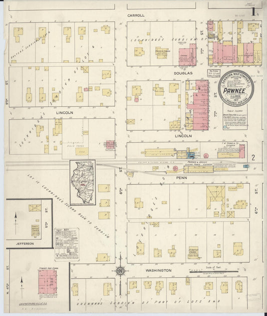 Sanborn Fire Insurance Map from Pawnee, Sangamon County, Illinois (1917), Sheet #0001 - Historic Sanborn Fire Insurance Map Print, vintage old map wall art, antique decor, genealogy gift, Illinois Illinois map