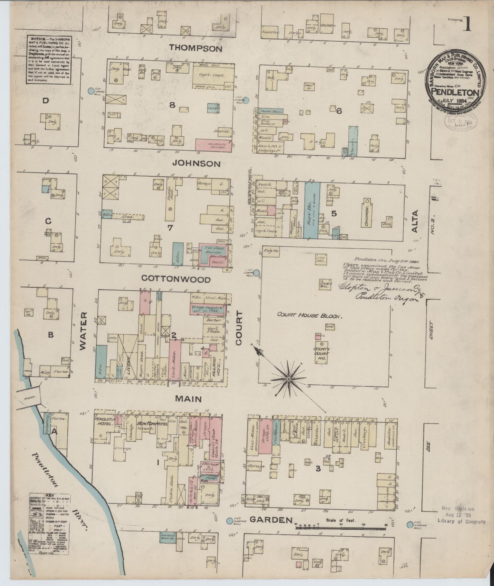 Sanborn Fire Insurance Map from Pendleton, Umatilla County, Oregon (1884), Sheet #0001 - Complete Map Set gallery image, historic Sanborn map, vintage wall art, Oregon Oregon