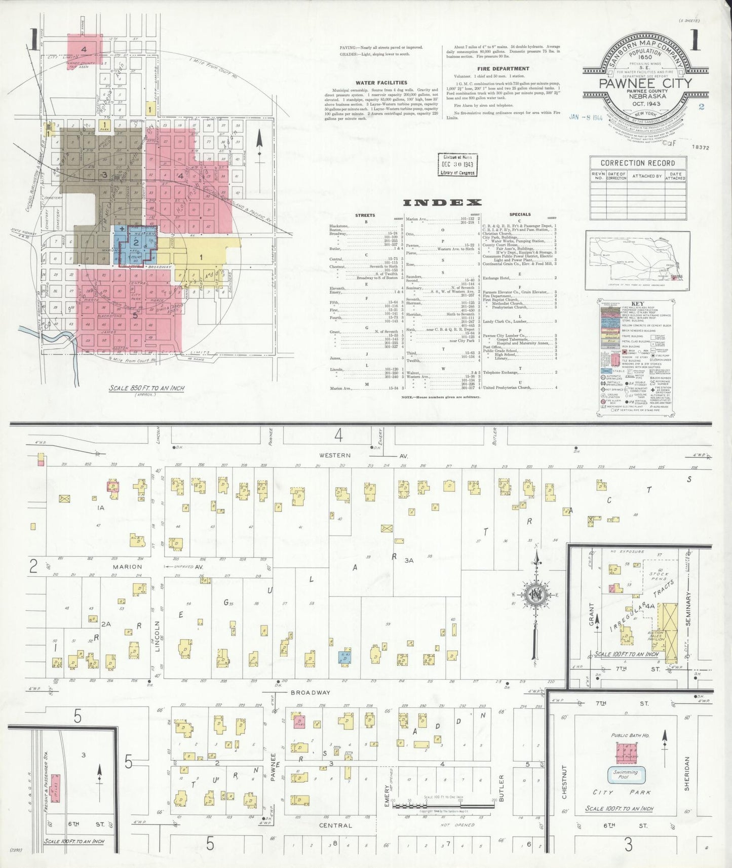 Sanborn Fire Insurance Map from Pawnee City, Pawnee County, Nebraska (1943), Sheet #0001 - Historic Sanborn Fire Insurance Map Print, vintage old map wall art, antique decor, genealogy gift, Nebraska Nebraska map