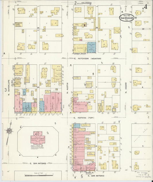 Sanborn Fire Insurance Map from San Marcos, Hays County, Texas (1912), Sheet #0004 - Historic Sanborn Fire Insurance Map Print, vintage old map wall art, antique decor, genealogy gift, Texas Texas map