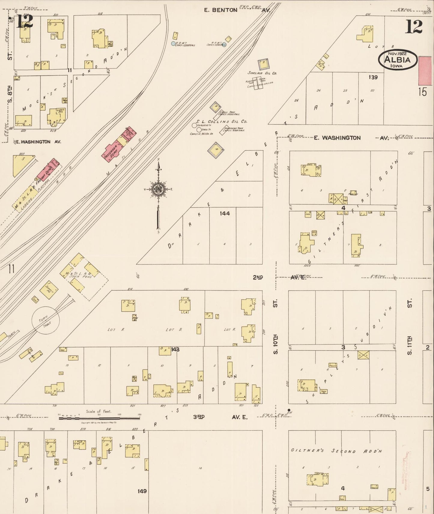 Sanborn Fire Insurance Map from Albia, Monroe County, Iowa (1922), Sheet #0012 - Historic Sanborn Fire Insurance Map Print, vintage old map wall art