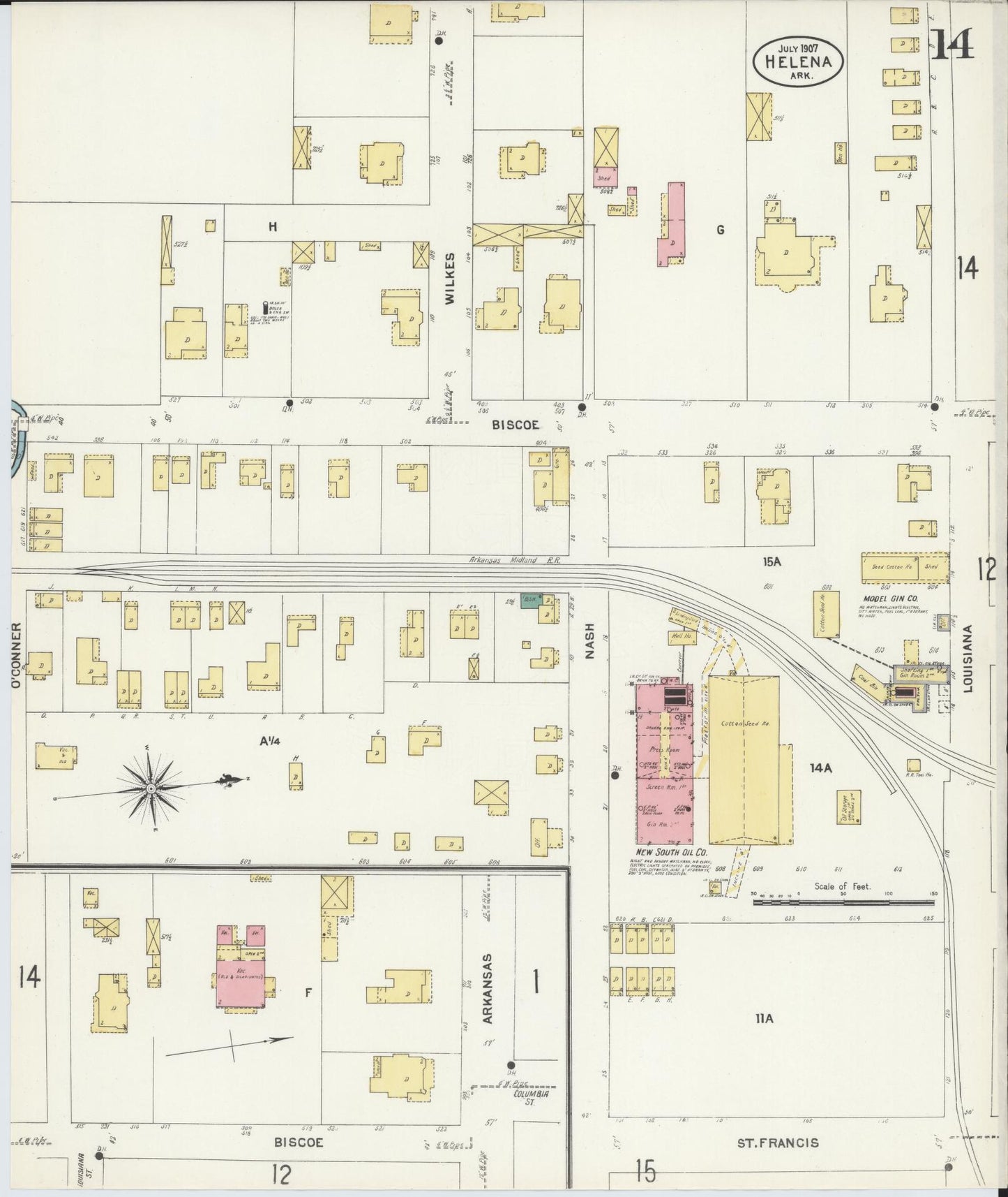 Sanborn Fire Insurance Map from Helena, Phillips County, Arkansas (1907), Sheet #0014 - Historic Sanborn Fire Insurance Map Print, vintage old map wall art, antique decor, genealogy gift, Arkansas Arkansas map