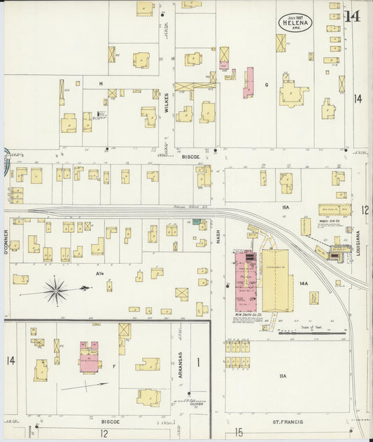 Sanborn Fire Insurance Map from Helena, Phillips County, Arkansas (1907), Sheet #0014 - Historic Sanborn Fire Insurance Map Print, vintage old map wall art, antique decor, genealogy gift, Arkansas Arkansas map
