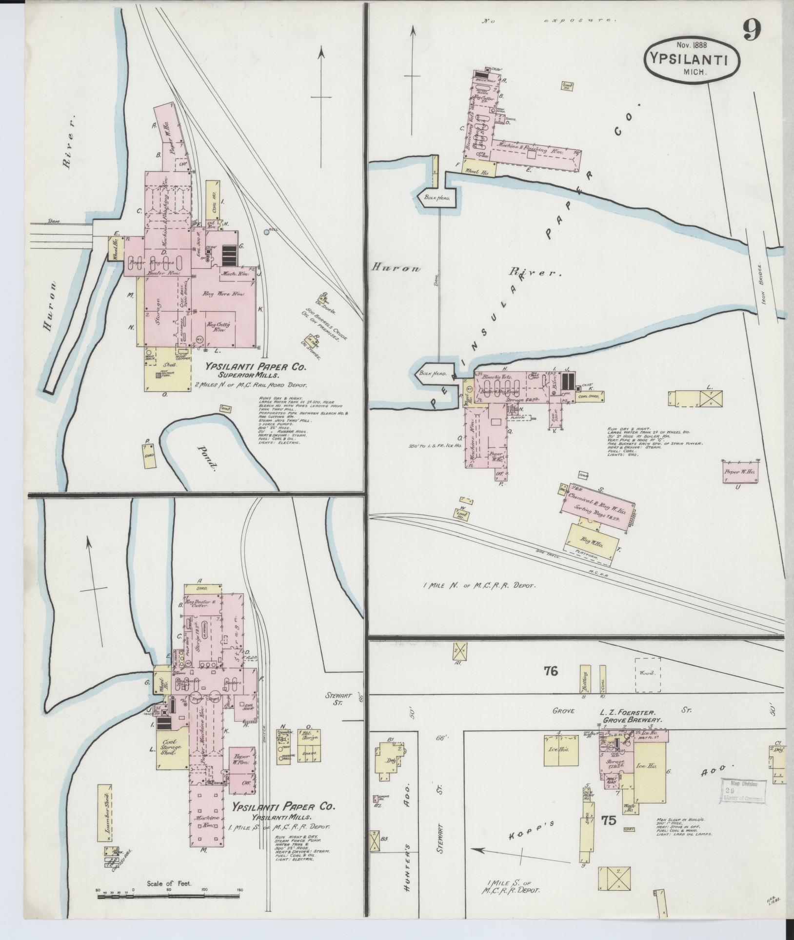Sanborn Fire Insurance Map from Ypsilanti, Washtenaw County, Michigan (1888), Sheet #0009 - Complete Map Set gallery image, historic Sanborn map, vintage wall art, Michigan Michigan