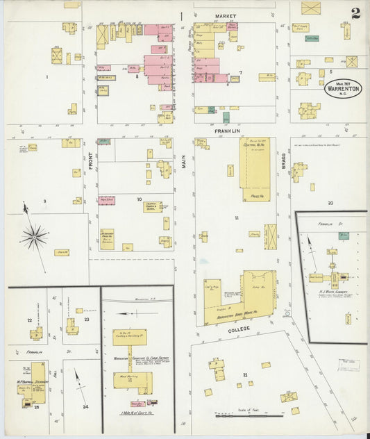 Sanborn Fire Insurance Map from Warrenton, Warren County, North Carolina (1907), Sheet #0002 - Historic Sanborn Fire Insurance Map Print, vintage old map wall art, antique decor, genealogy gift, North Carolina North Carolina map