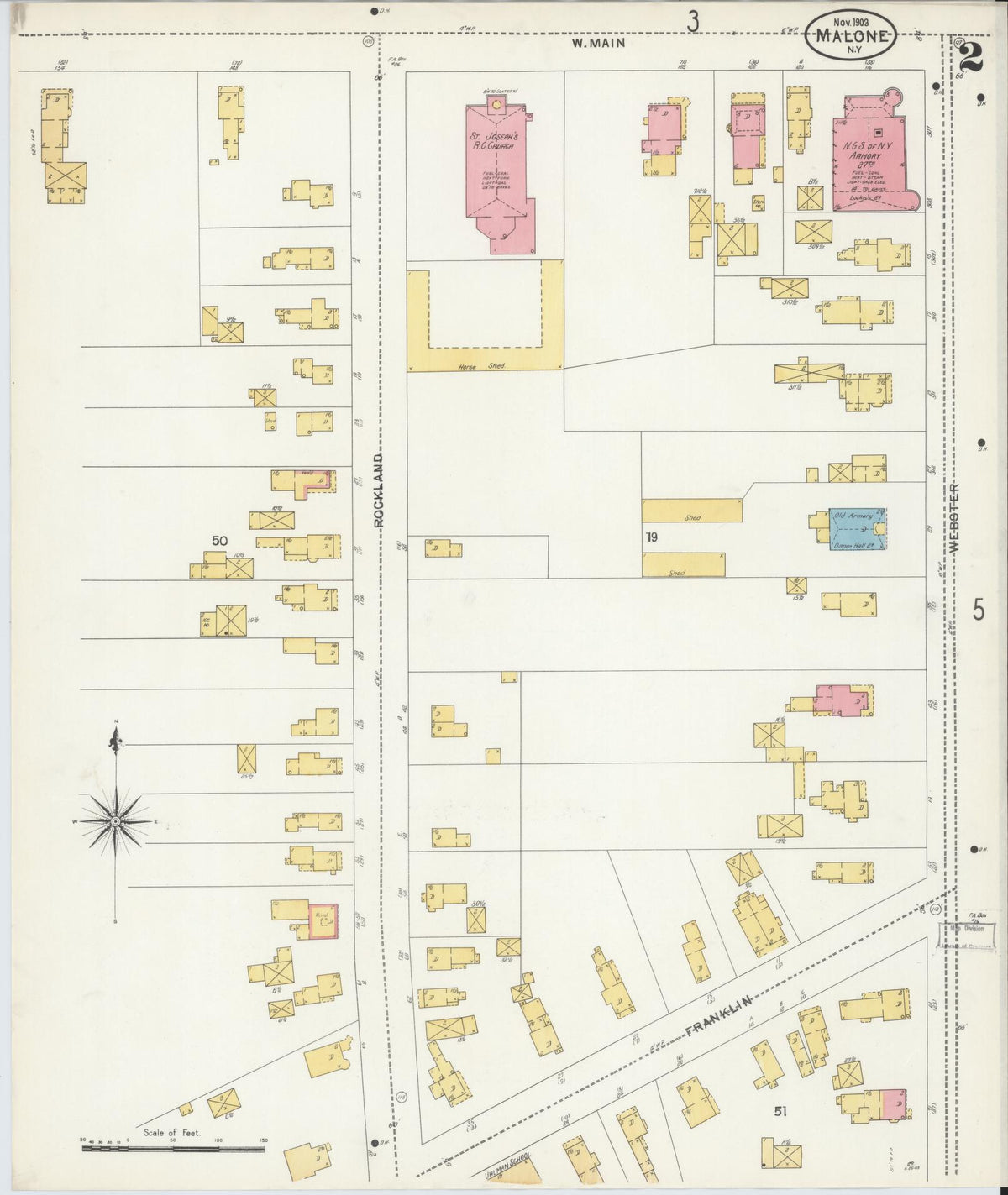 Sanborn Fire Insurance Map from Malone, Franklin County, New York (1903), Sheet #0002 - Historic Sanborn Fire Insurance Map Print, vintage old map wall art, antique decor, genealogy gift, New York New York map
