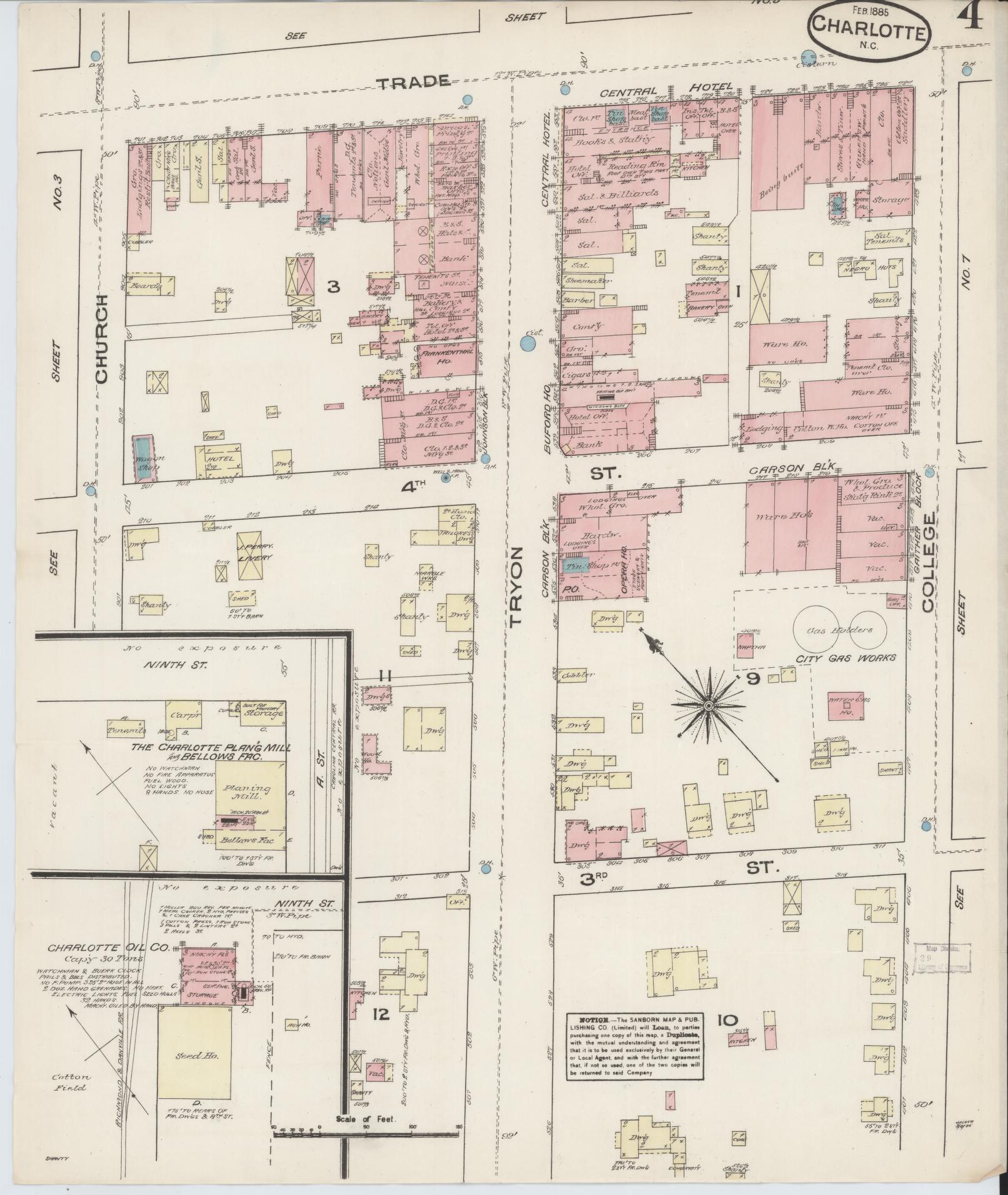 Sanborn Fire Insurance Map from Charlotte, Mecklenburg County, North Carolina (1885), Sheet #0004 - Historic Sanborn Fire Insurance Map Print, vintage old map wall art, antique decor, genealogy gift, North Carolina North Carolina map