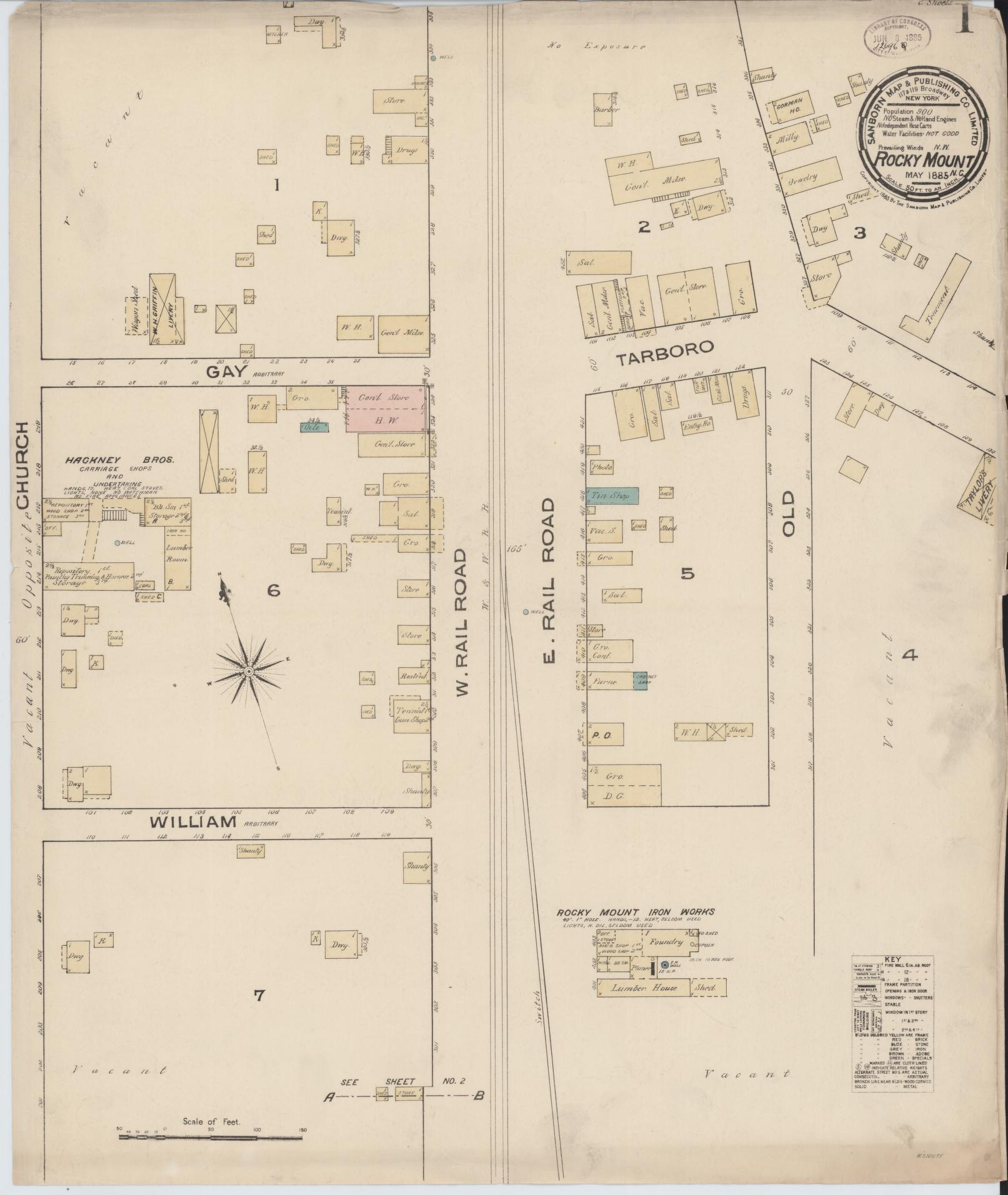Sanborn Fire Insurance Map from Rocky Mount, Edgecombe And Nash Counties, North Carolina (1885), Sheet #0001 - Historic Sanborn Fire Insurance Map Print, vintage old map wall art, antique decor, genealogy gift, North Carolina North Carolina map