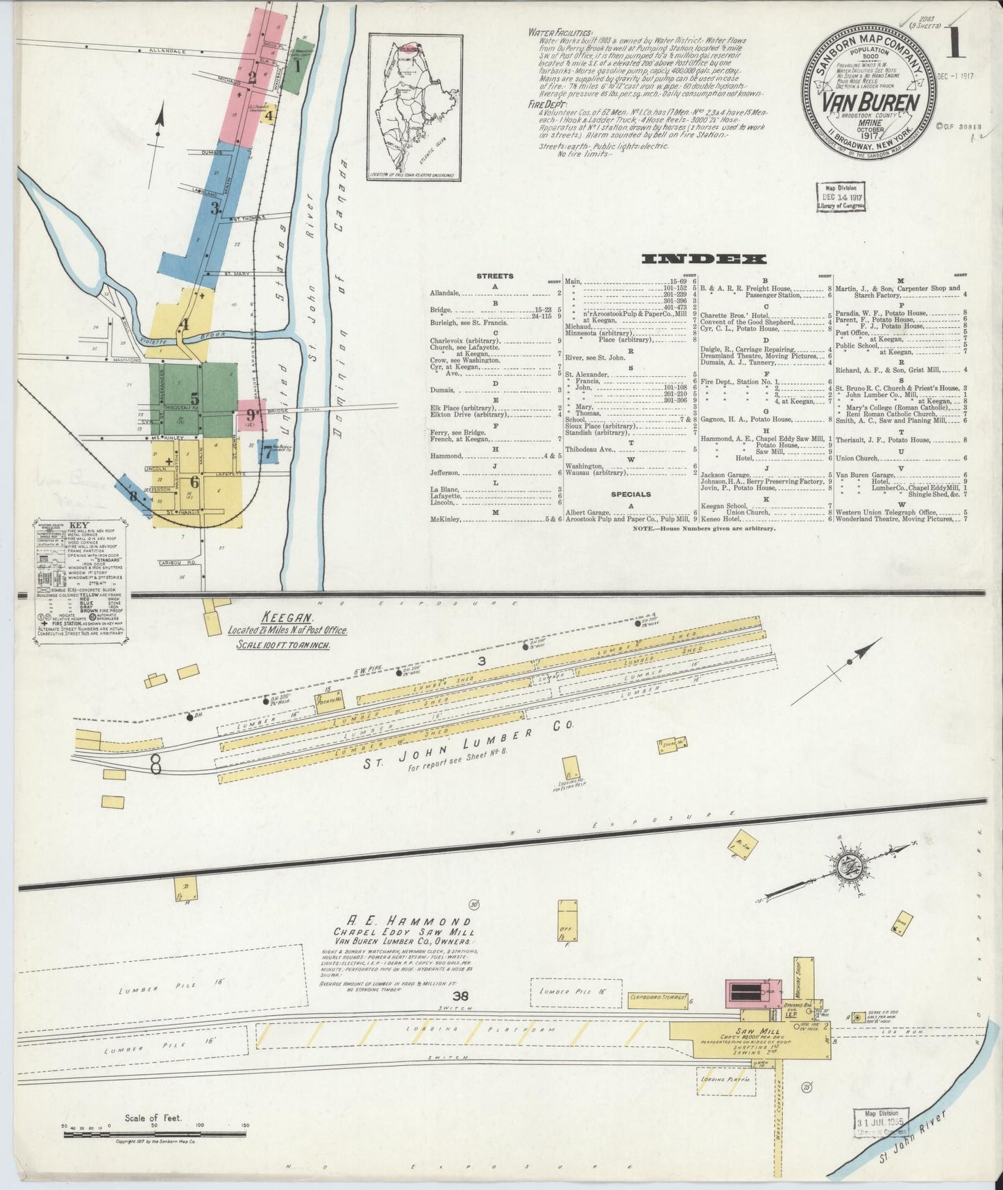 Sanborn Fire Insurance Map from Van Buren, Aroostook County, Maine (1917), Sheet #0001 - Historic Sanborn Fire Insurance Map Print, vintage old map wall art, antique decor, genealogy gift, Maine Maine map