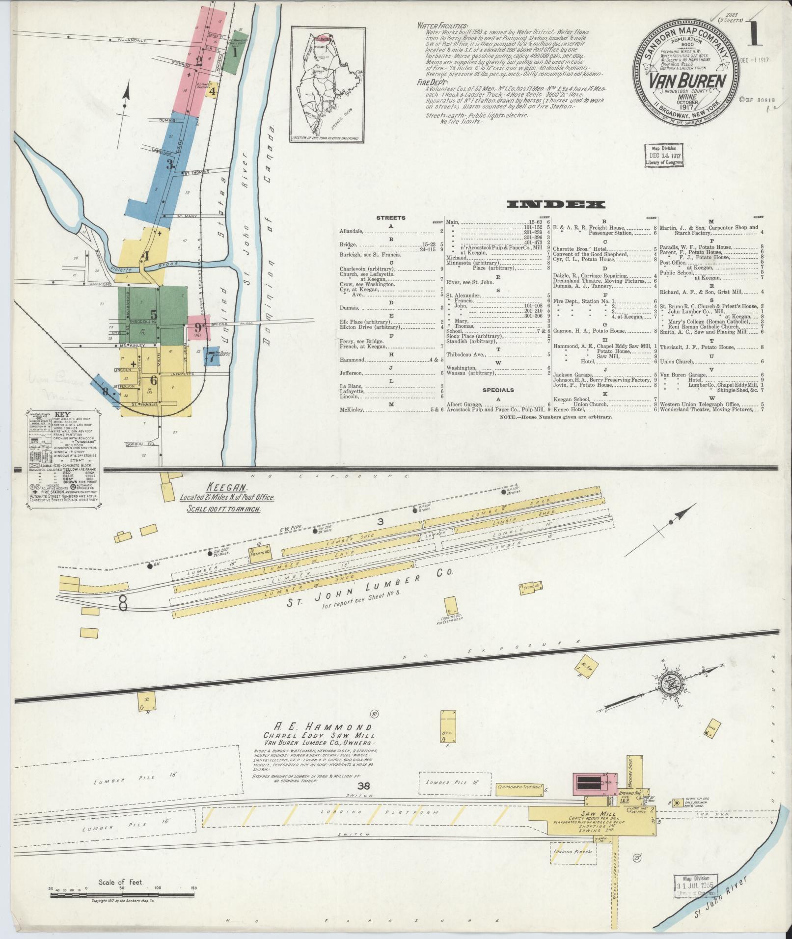 Sanborn Fire Insurance Map from Van Buren, Aroostook County, Maine (1917), Sheet #0001 - Historic Sanborn Fire Insurance Map Print, vintage old map wall art, antique decor, genealogy gift, Maine Maine map