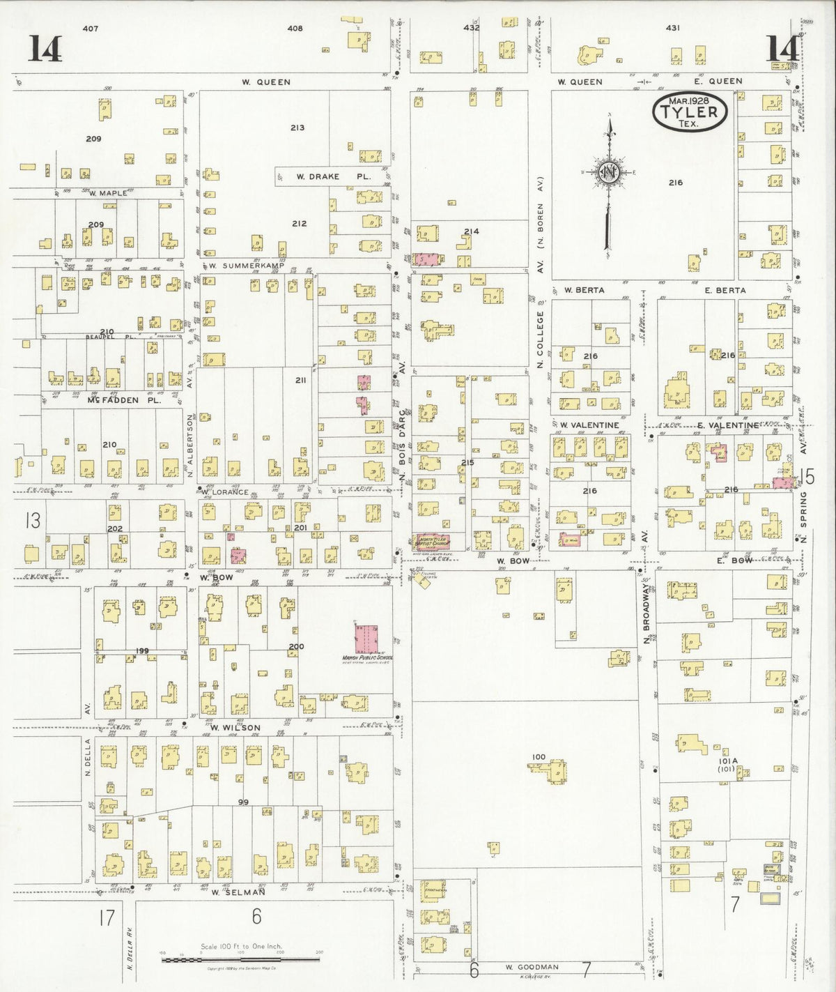 Sanborn Fire Insurance Map from Tyler, Smith County, Texas (1928), Sheet #0014 - Complete Map Set gallery image, historic Sanborn map, vintage wall art, Texas Texas