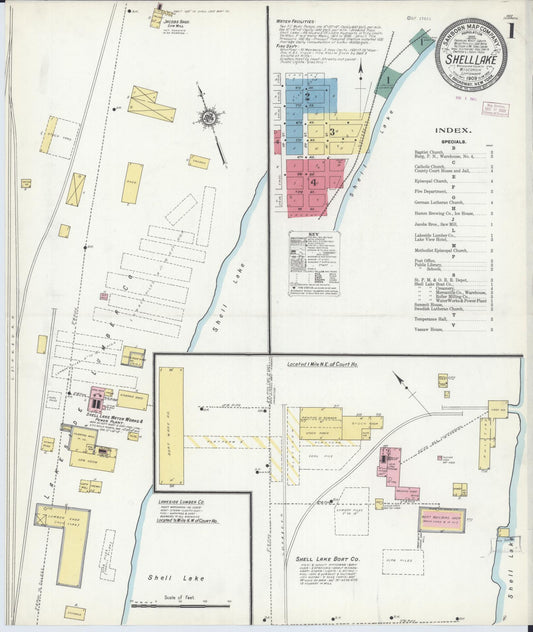 Sanborn Fire Insurance Map from Shell Lake, Washburn County, Wisconsin (1909), Sheet #0001 - Historic Sanborn Fire Insurance Map Print, vintage old map wall art, antique decor, genealogy gift, Wisconsin Wisconsin map