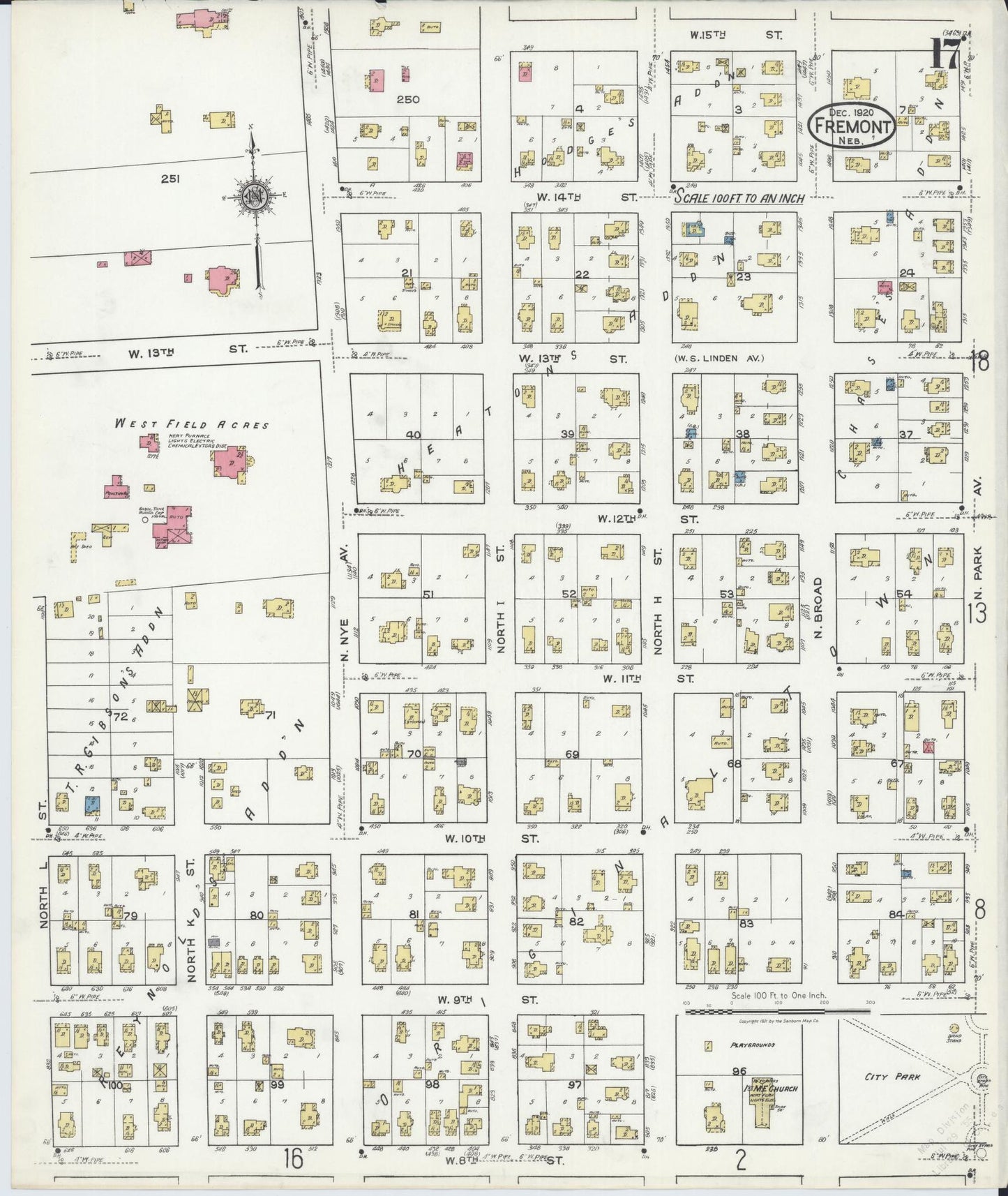 Sanborn Fire Insurance Map from Fremont, Dodge County, Nebraska (1920), Sheet #0017 - Historic Sanborn Fire Insurance Map Print, vintage old map wall art, antique decor, genealogy gift, Nebraska Nebraska map