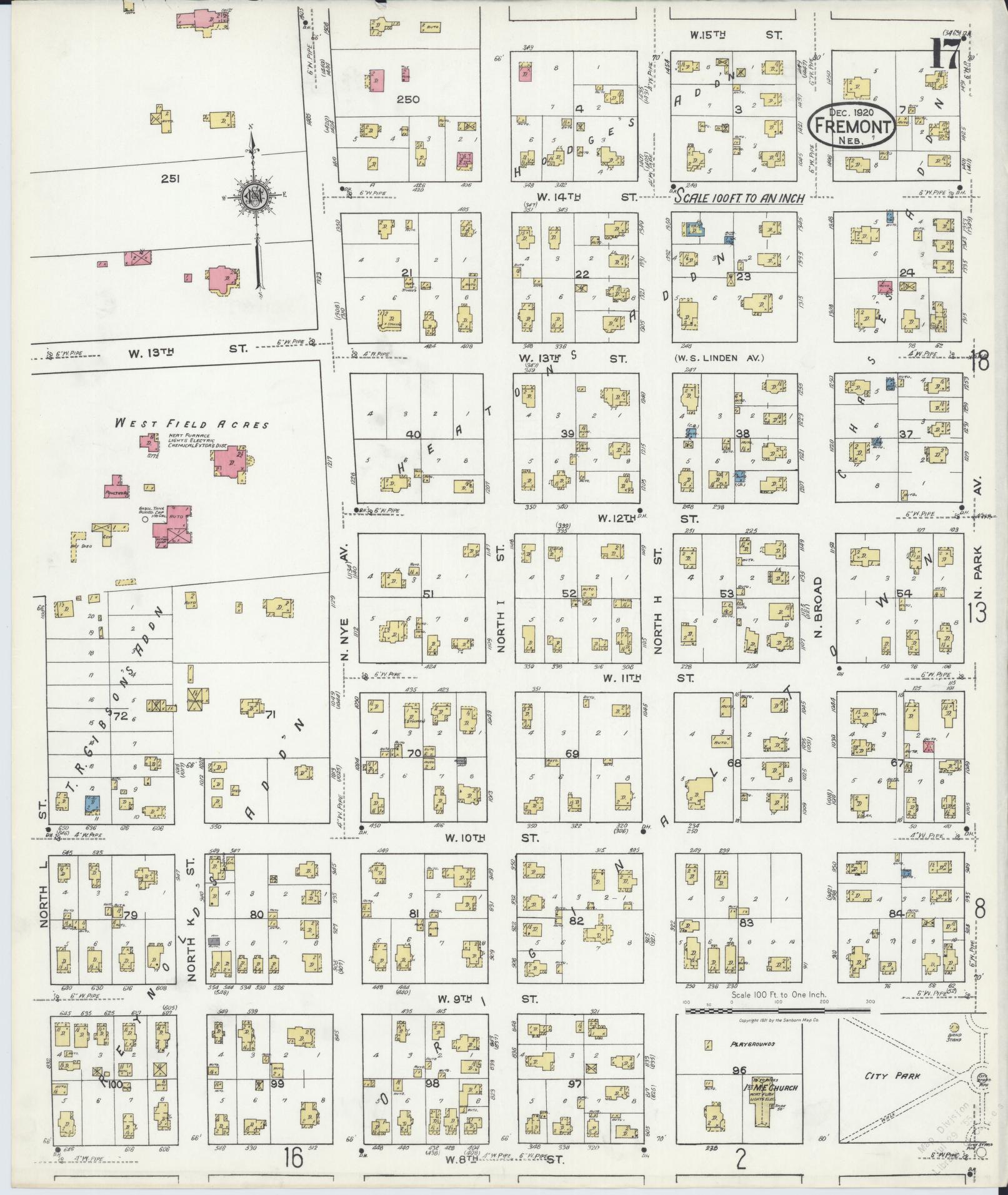 Sanborn Fire Insurance Map from Fremont, Dodge County, Nebraska (1920), Sheet #0017 - Historic Sanborn Fire Insurance Map Print, vintage old map wall art, antique decor, genealogy gift, Nebraska Nebraska map