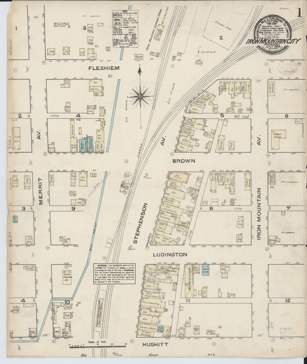 Sanborn Fire Insurance Map from Iron Mountain, Dickinson County, Michigan (1884), Sheet #0001 - Historic Sanborn Fire Insurance Map Print, vintage old map wall art, antique decor, genealogy gift, Michigan Michigan map