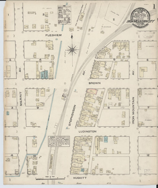 Sanborn Fire Insurance Map from Iron Mountain, Dickinson County, Michigan (1884), Sheet #0001 - Historic Sanborn Fire Insurance Map Print, vintage old map wall art, antique decor, genealogy gift, Michigan Michigan map