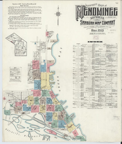 Sanborn Fire Insurance Map from Menominee, Menominee County, Michigan (1913), Sheet #0001 - Historic Sanborn Fire Insurance Map Print, vintage old map wall art, antique decor, genealogy gift, Michigan Michigan map