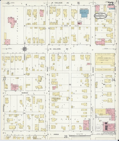 Sanborn Fire Insurance Map from Jacksonville, Morgan County, Illinois (1914), Sheet #0023 - Complete Map Set gallery image, historic Sanborn map, vintage wall art, Illinois Illinois